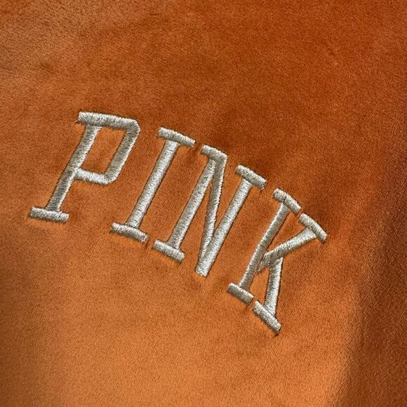PINK Victorias Secret Cinnamon Spice Velour Orange Varsity Crew Sweater L NWT - Picture 4 of 10